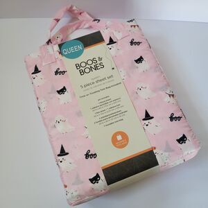 Halloween Pink White Cute Ghosts Boos & Bones QUEEN 5pc Sheets Set Girls Bedding